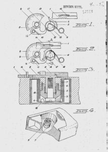 Drawings from Finish patent â„– 19142, entitled "Filmframmatningsanordning fÃ¶r automatisk minskning av frammatningsrÃ¶relsens storlek i Ã¶verensstÃ¤mmelse med Ã¶kningen i filmupplindningsrullens diameter".
